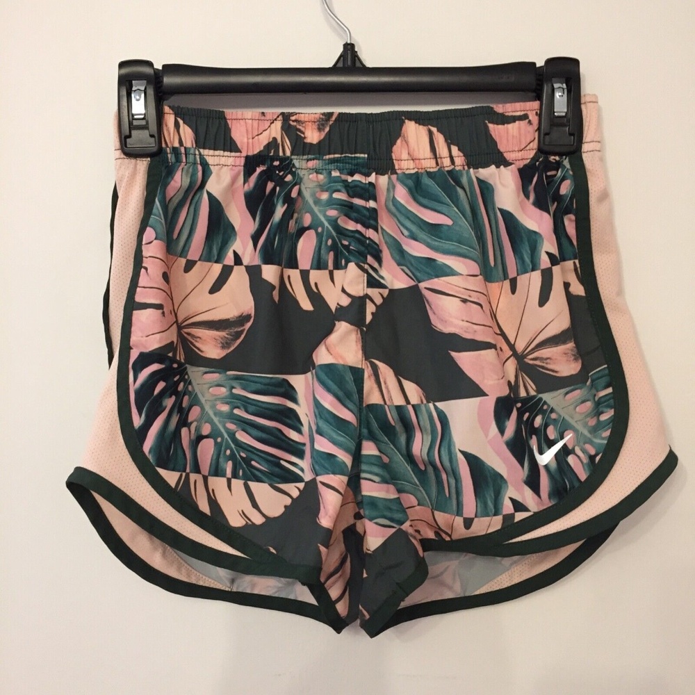 Nike Women's Dri-Fit Running Shorts Green Pink Tropical EUC Lined Drawstring XS